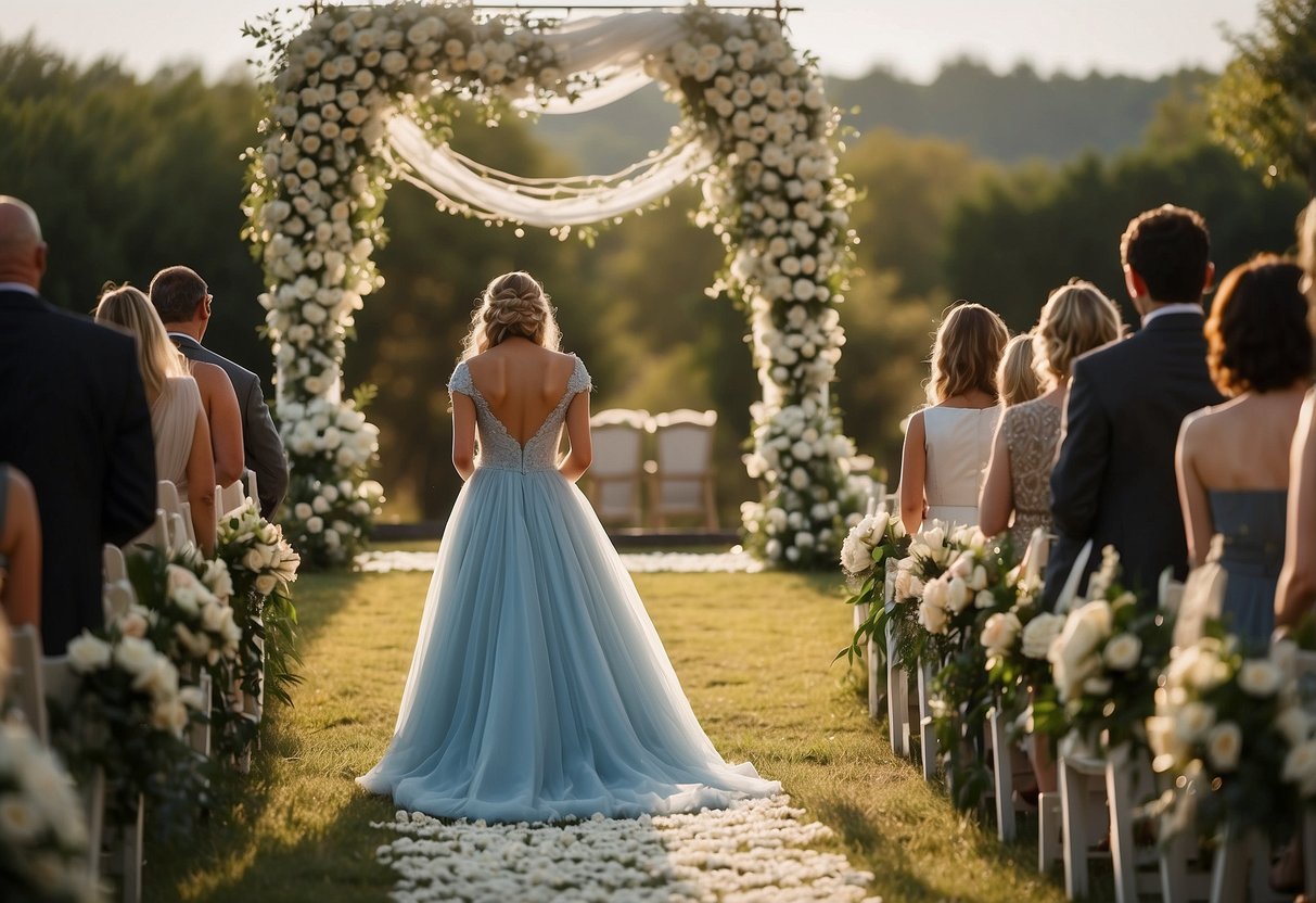 A figure stands tall, guiding a woman in a flowing gown down the aisle. The setting is a wedding ceremony, with flowers and decorations adorning the space