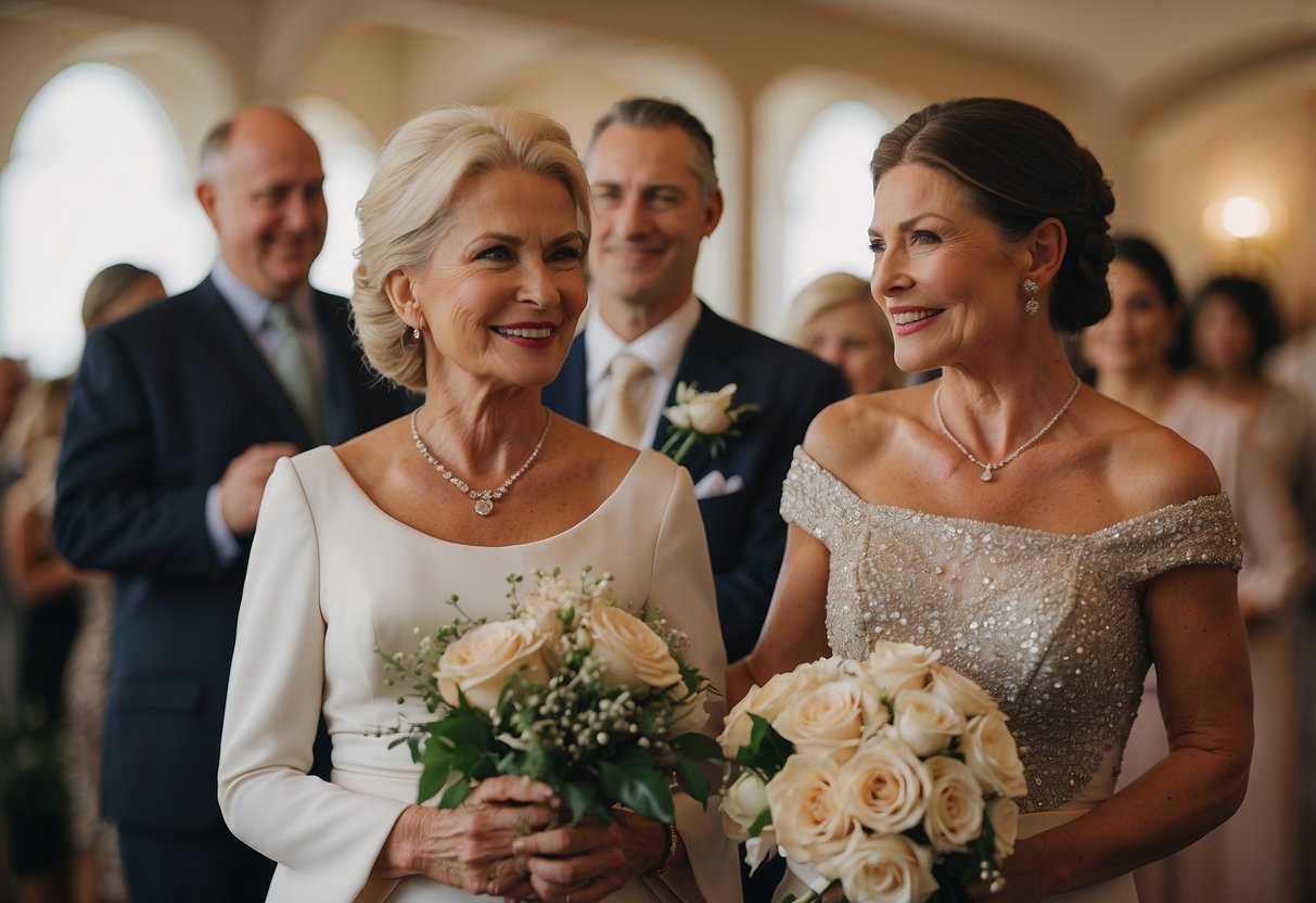 The mentor guides the mother of the bride down the aisle with grace and support