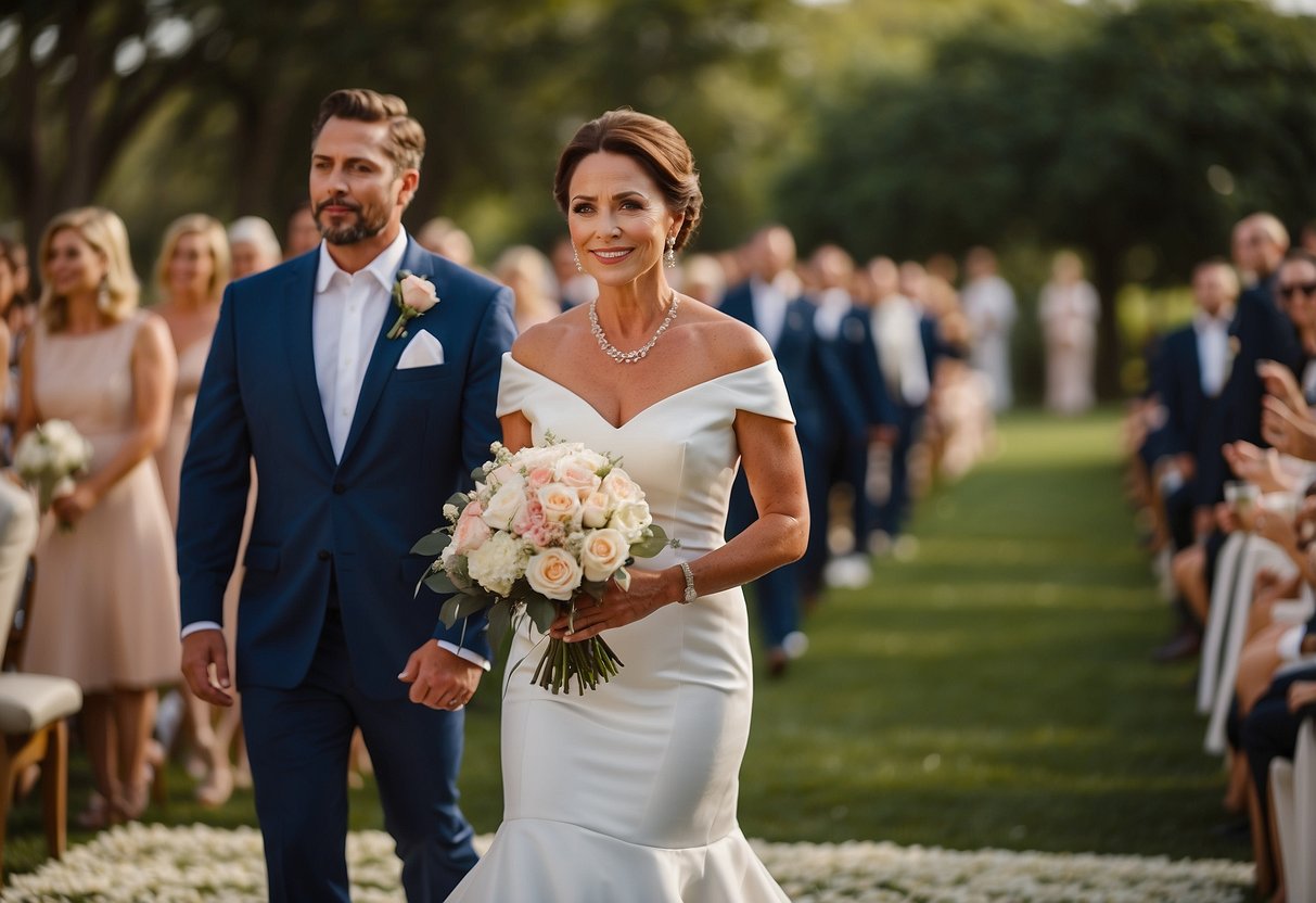 A divorced mother of the bride walks confidently down the aisle, exuding grace and poise as she fulfills her traditional role in the wedding ceremony