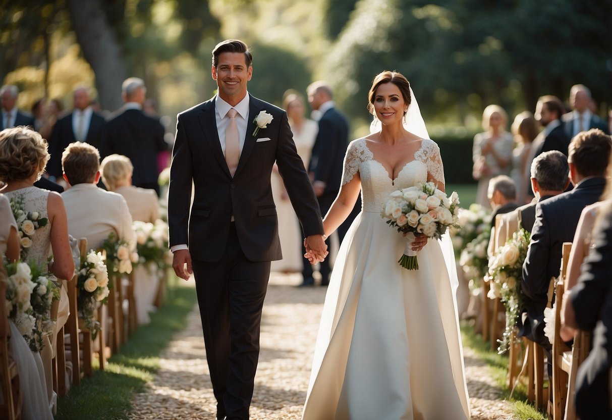 A divorced mother of the bride walks confidently down the aisle with a close family member or friend by her side, symbolizing modern alternatives for this traditional wedding ritual