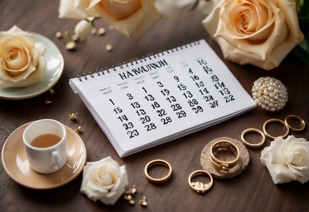 A calendar with a circle around a date, surrounded by wedding-related items like rings, flowers, and a cake