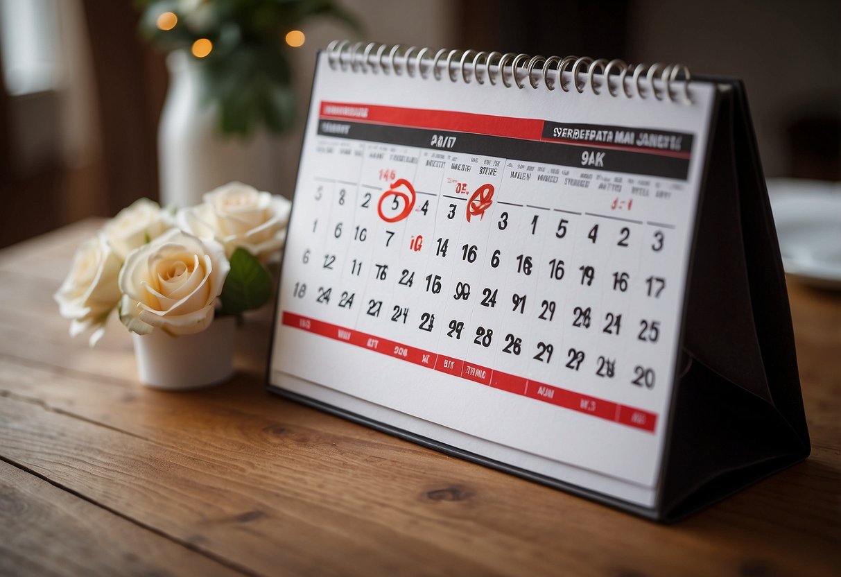 A calendar with family schedules marked, a wedding date circled in red