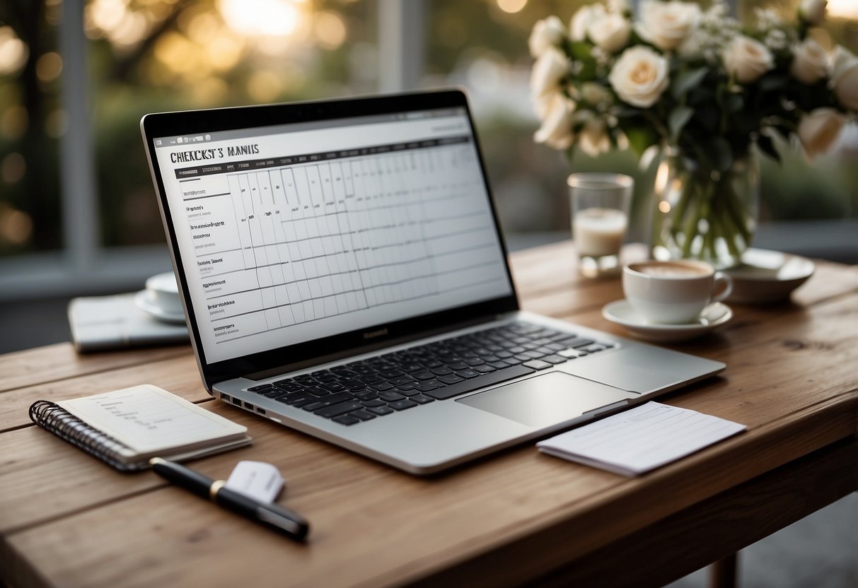 A table with a checklist, calendar, and wedding magazines. A laptop open to a wedding planning website. A pen and notebook for notes