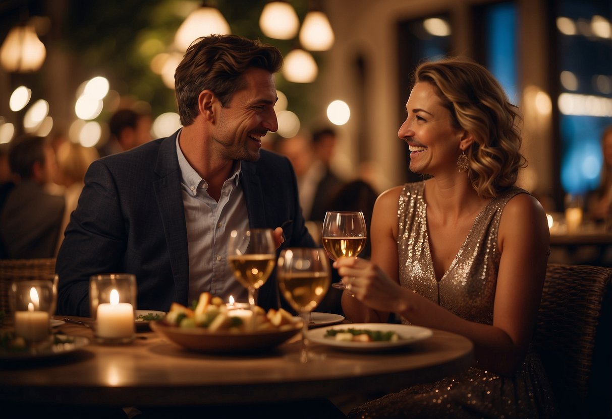 A couple enjoying a romantic dinner, laughing and smiling as they engage in deep conversation. They are surrounded by a warm and inviting ambiance, with soft lighting and elegant decor