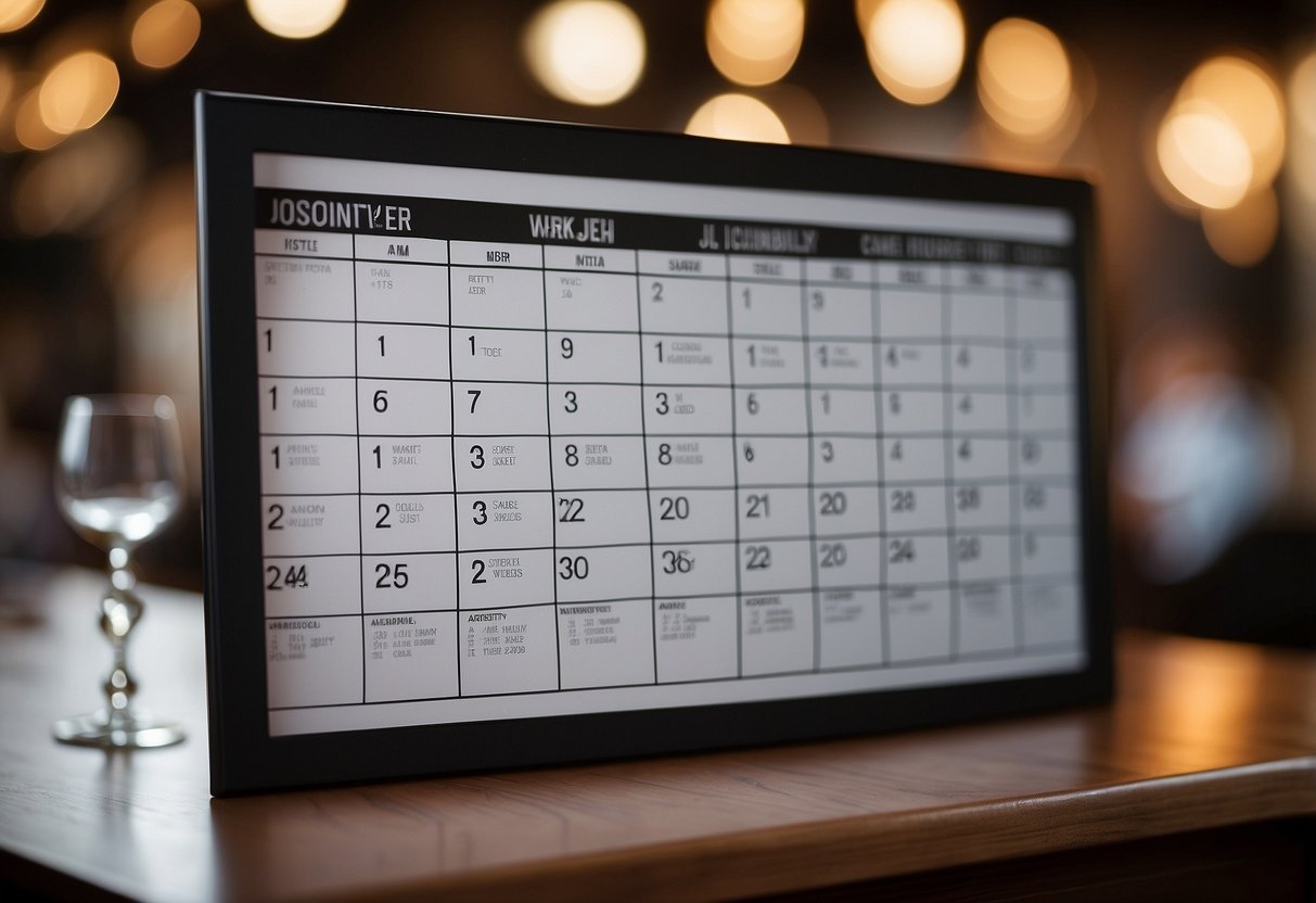 A calendar with a wedding date circled, surrounded by venue options and availability schedules