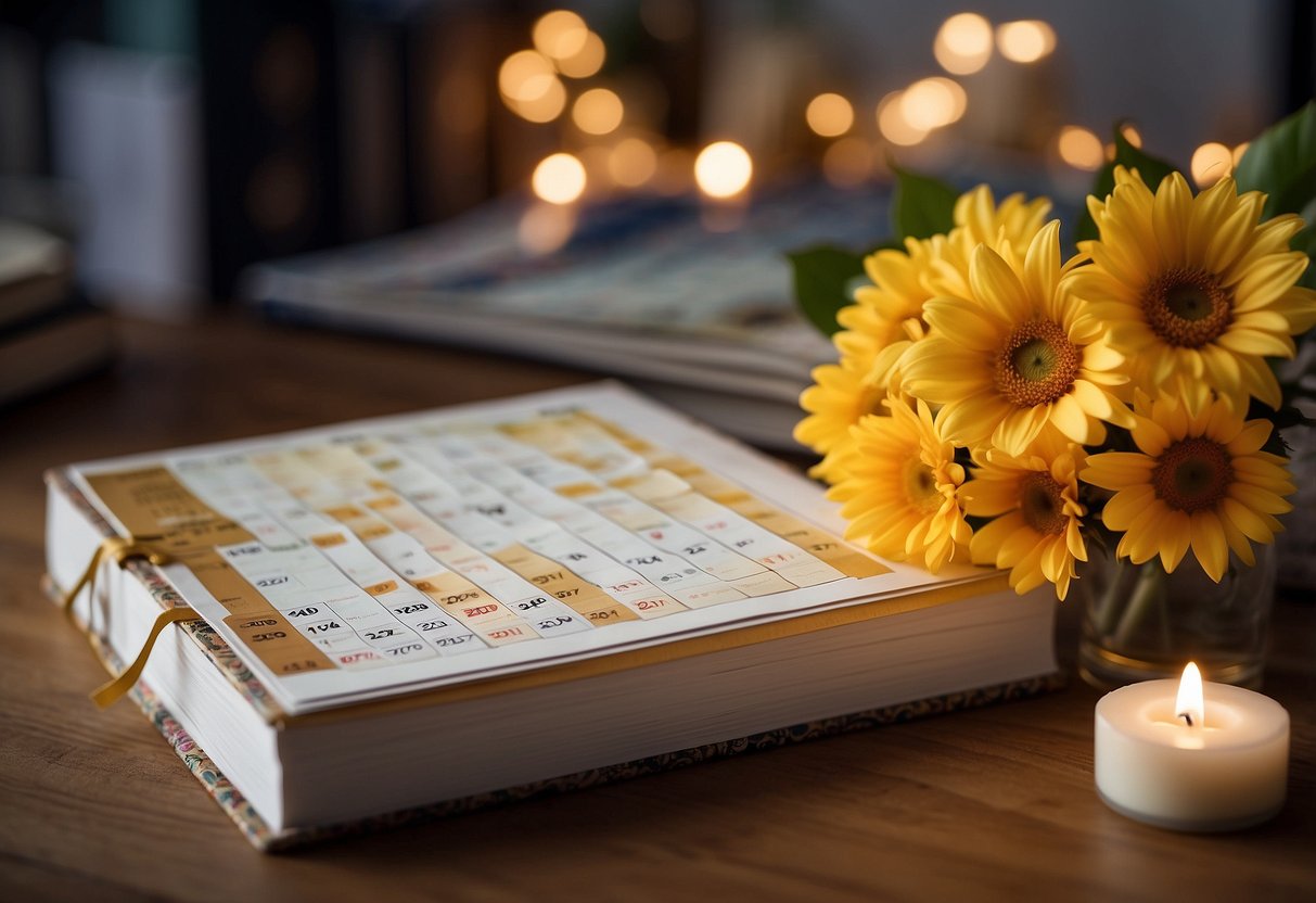 A calendar with different seasons highlighted, surrounded by wedding planning books and a pencil ready to mark the chosen date