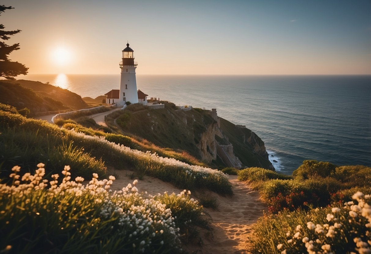 A picturesque seaside cliff overlooking the ocean at sunset, with a charming lighthouse in the background and a lush garden for the ceremony