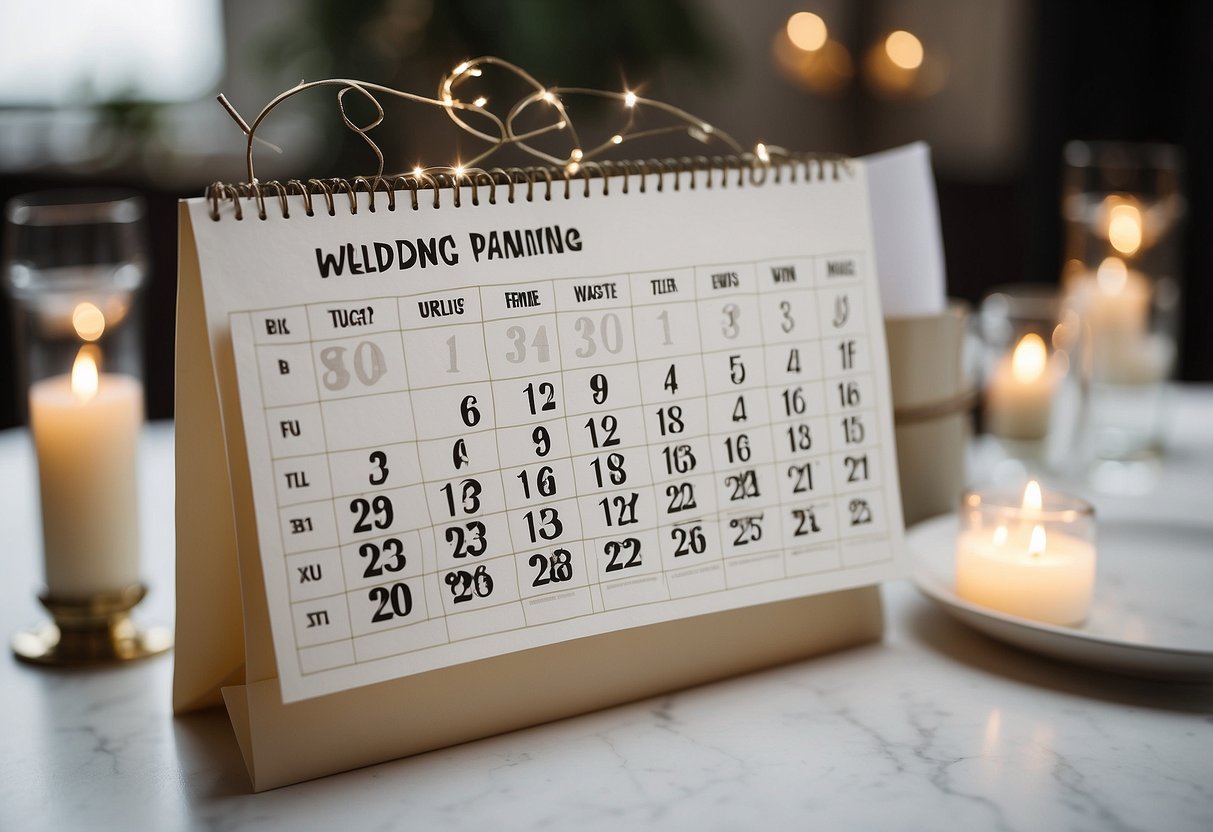 A calendar with wedding planning milestones and budget estimates