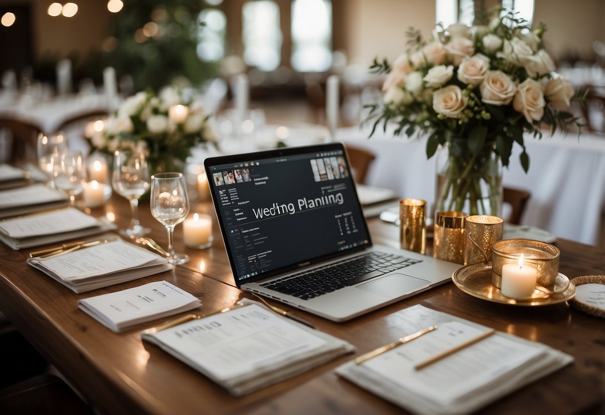 A table is set with wedding planning books, a laptop, and a checklist. A seating chart and floor plan are spread out, with a tape measure and pen nearby