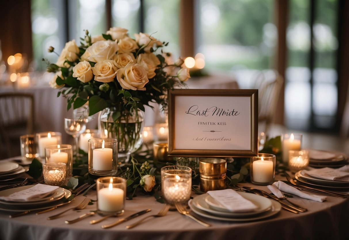 A table adorned with flowers, candles, and elegant place settings. A sign reading "last minute wedding ideas" stands next to a display of DIY centerpieces and favors