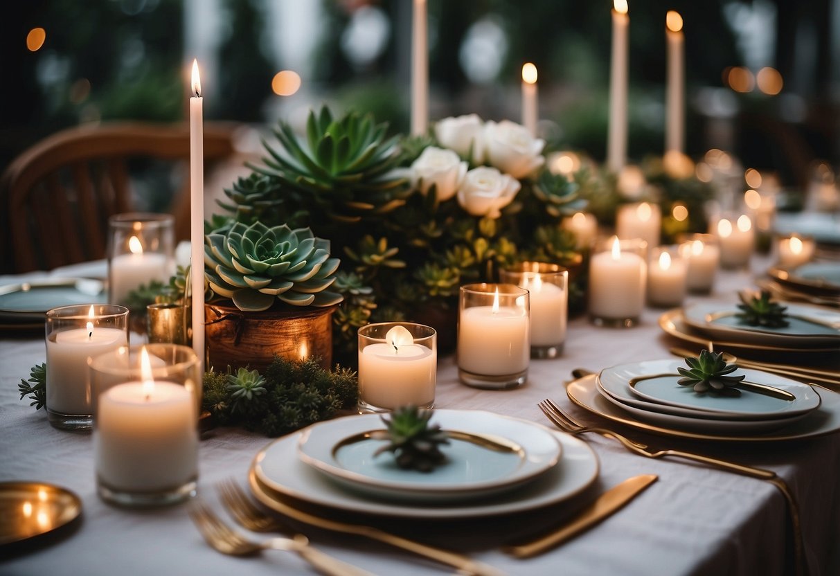 A table adorned with personalized wedding favors, surrounded by last-minute wedding ideas such as decorative candles, mini succulents, and custom-made coasters