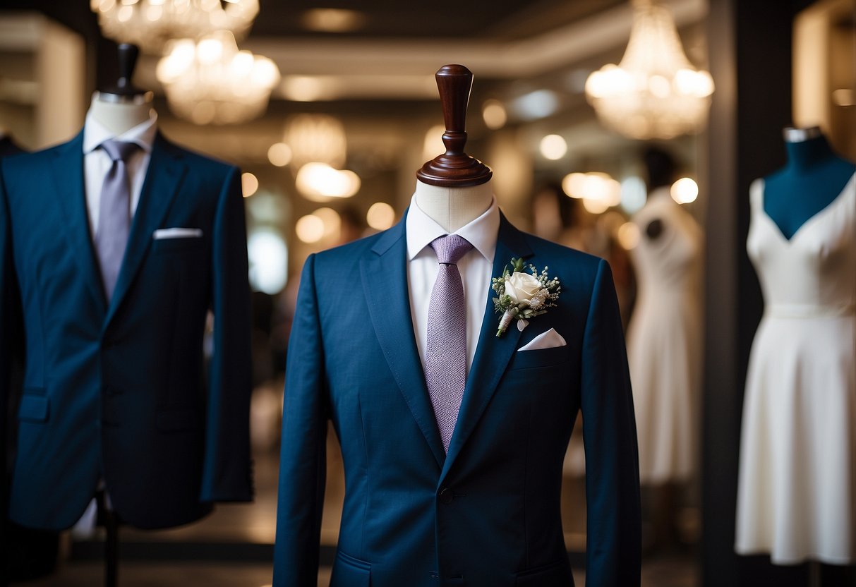 A groom's Italian wedding suit displayed on a mannequin, featuring tailored details and luxurious fabrics in a sophisticated setting