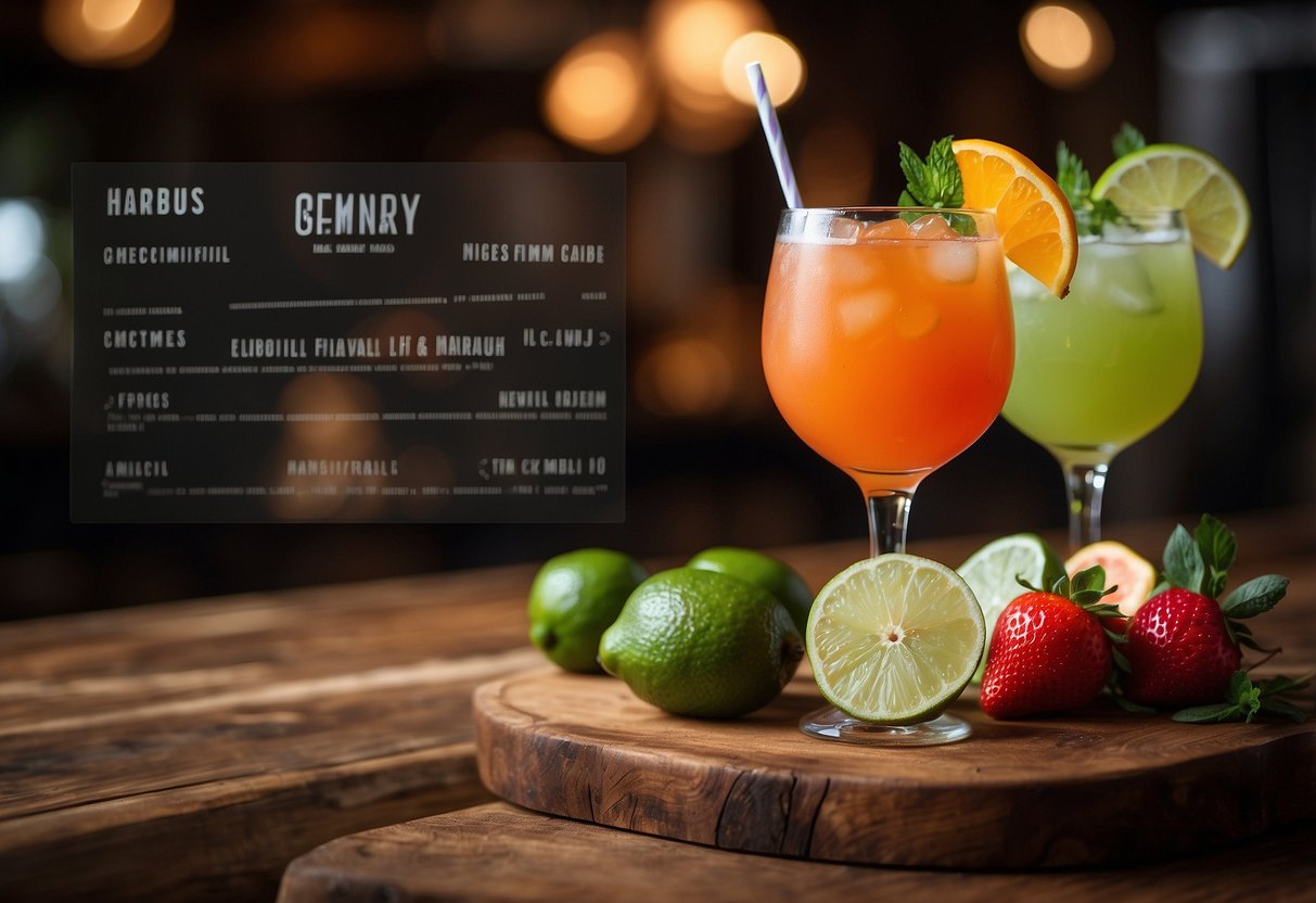 A colorful cocktail menu displayed on a rustic wooden bar, surrounded by fresh fruits, herbs, and elegant glassware