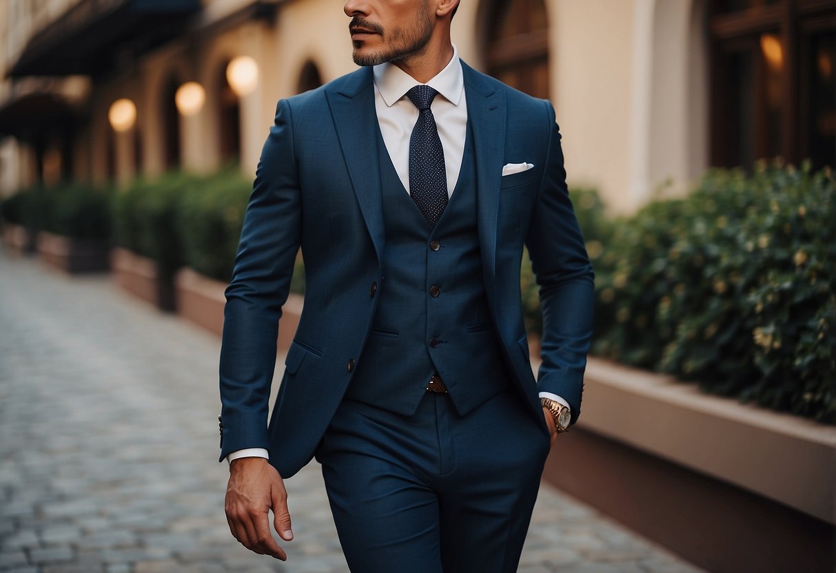 A sleek, slim-fit three-piece suit in a luxurious Italian fabric, with a tailored jacket, vest, and trousers in a sophisticated color palette