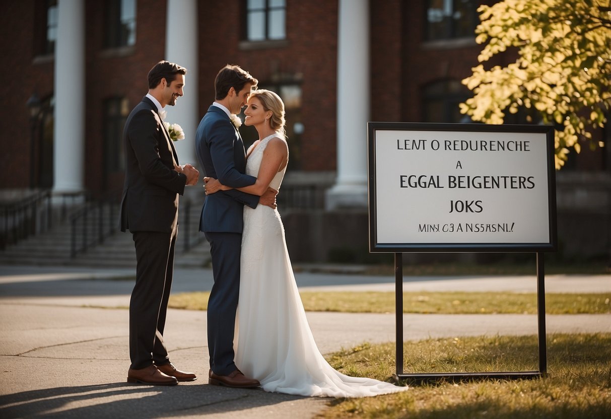 A couple stands before a town hall, exchanging vows. A sign displays "Legal Requirements for Marriage in Rhode Island." The backdrop showcases picturesque landscapes, suggesting ideal wedding locations in the state