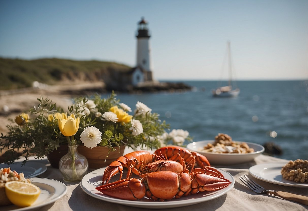 A seaside ceremony with a lighthouse backdrop, surrounded by sailboats and coastal flora, with a lobster bake reception on the beach