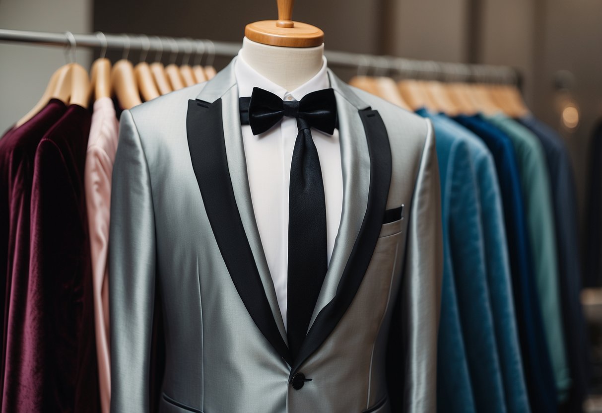 A sleek velvet tuxedo jacket hangs on a tailor's mannequin, exuding luxury and sophistication. Rich Italian wedding suit inspiration