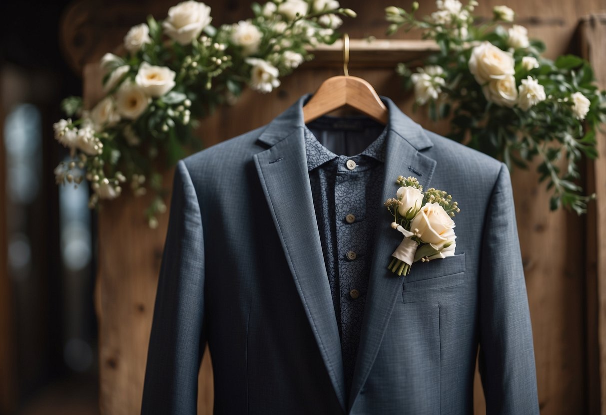 A tailored linen suit hangs on a rustic wooden hanger, surrounded by fresh flowers and Italian wedding decor