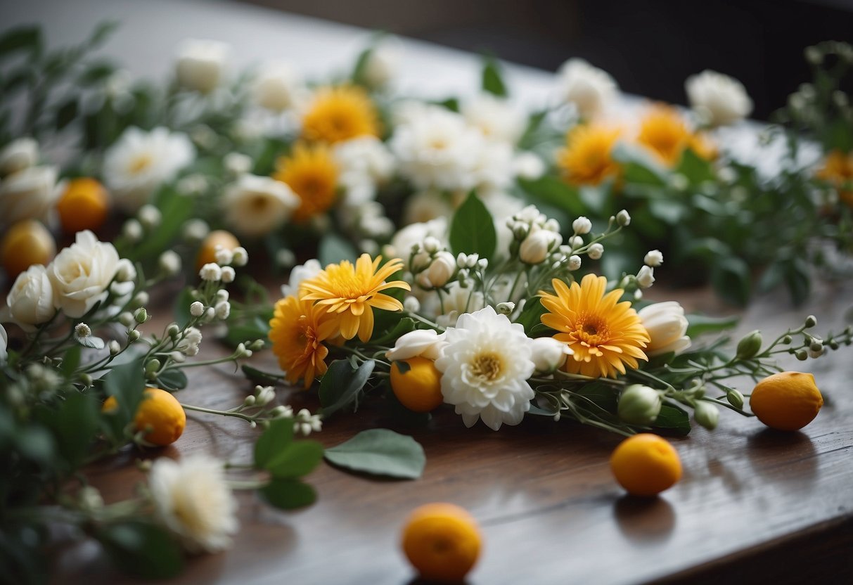 Floral hairpieces arranged on a table with scattered petals and greenery