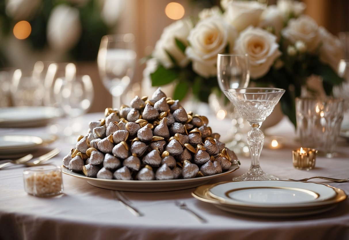 A table adorned with Hershey Kisses wedding favors in decorative packaging, surrounded by delicate floral arrangements and elegant place settings