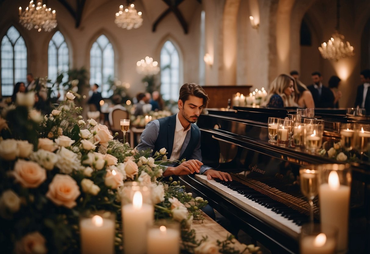 A musician plays at a wedding ceremony, surrounded by flowers and candles. The setting is intimate and romantic, with soft lighting and elegant decor