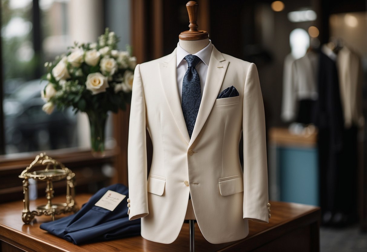 An ivory dinner jacket hangs on a tailor's mannequin, surrounded by Italian wedding suit accessories