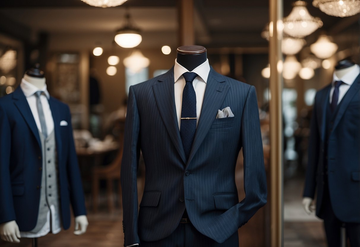 A navy pinstripe suit hangs on a tailor's mannequin, surrounded by Italian wedding decor