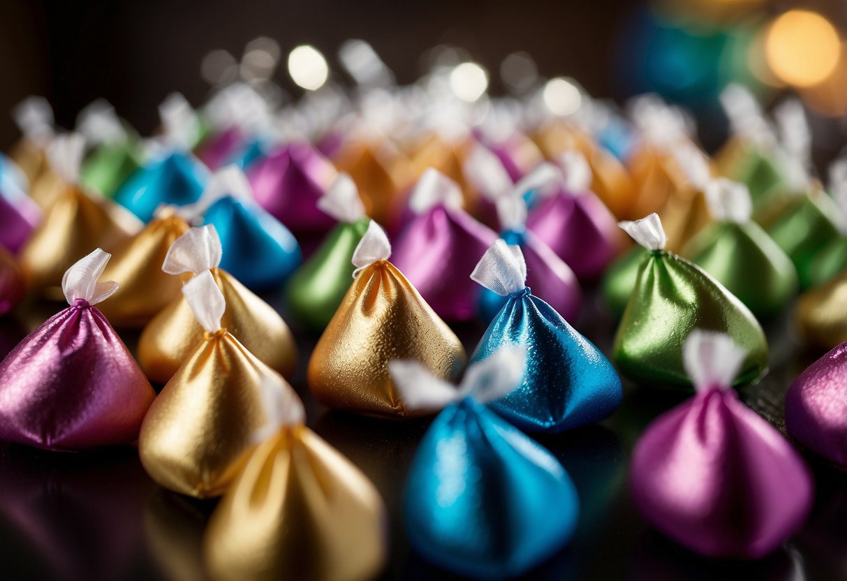 A group of Hershey Kisses are nestled in delicate organza bags, ready to be given as wedding favors