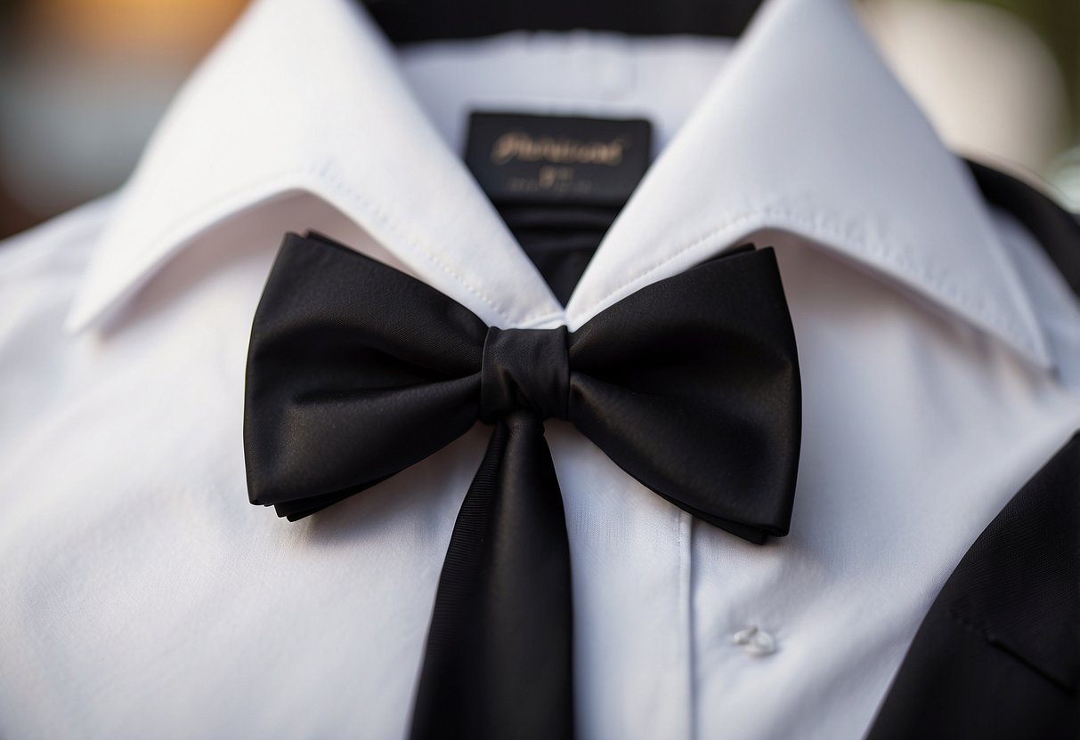 A white tuxedo shirt with black buttons and a black bow tie, paired with a sleek Italian wedding suit in a luxurious fabric, exuding sophistication and elegance