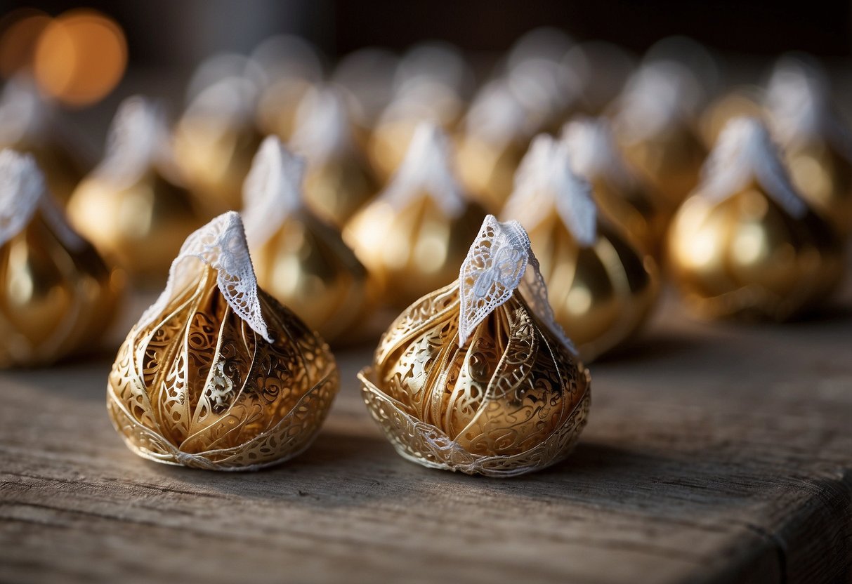 Hershey Kisses in vintage lace wraps arranged on a table for wedding favors