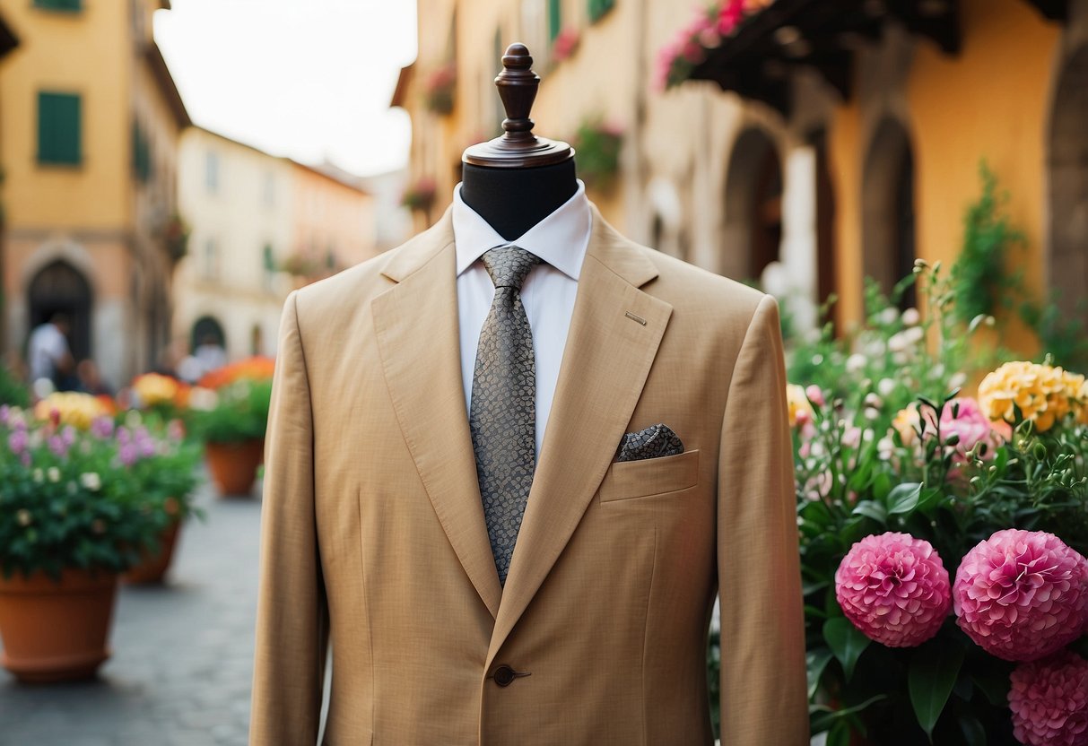 A tan summer suit hangs on a hanger, surrounded by colorful floral arrangements and Italian architecture