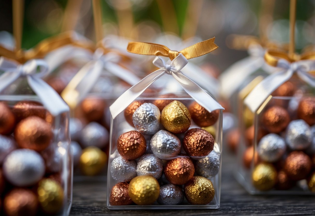 Clear favor boxes filled with Hershey Kisses arranged in a neat and attractive display