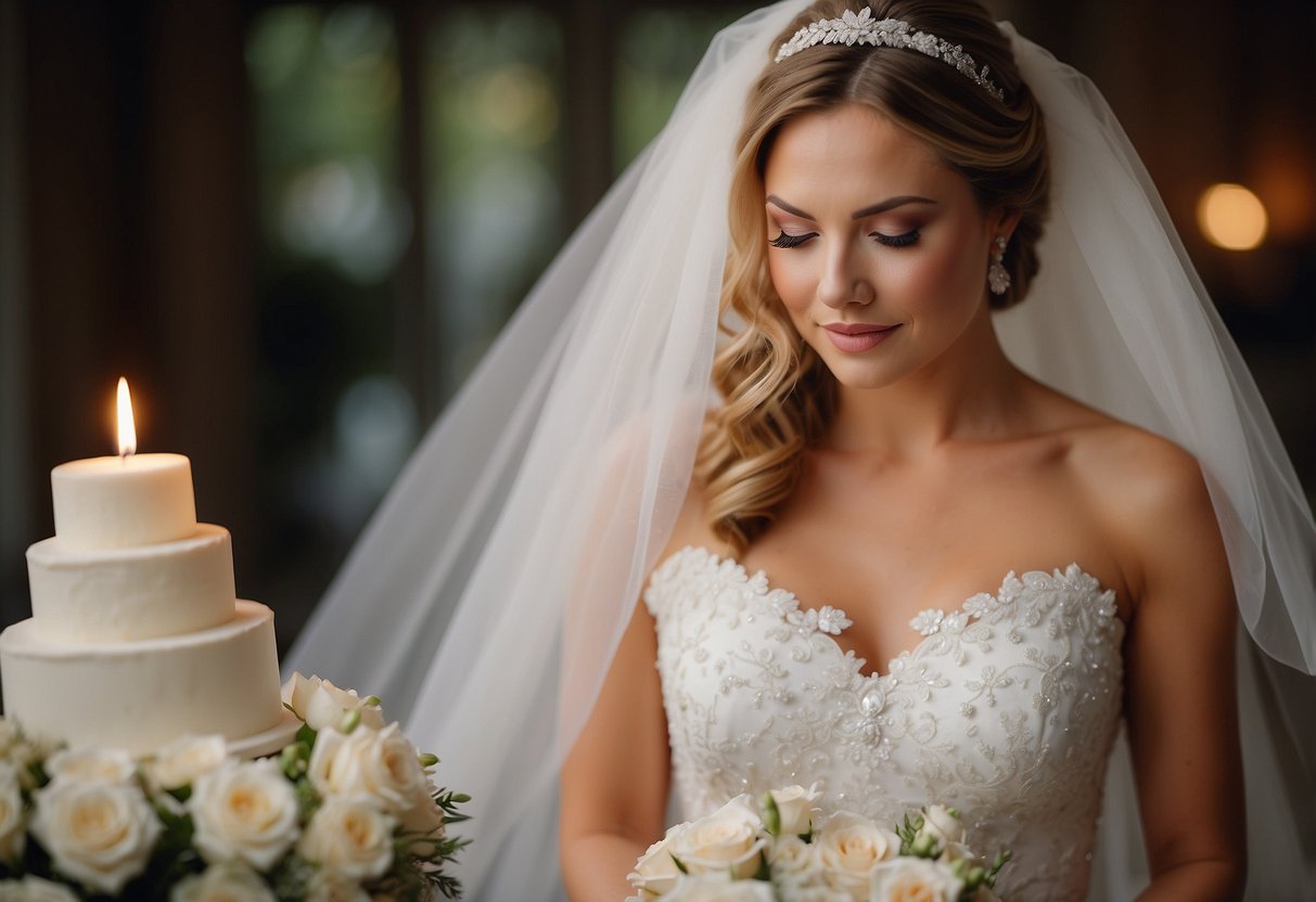 Bride realizing missing items: veil, bouquet, accessories, and cake topper