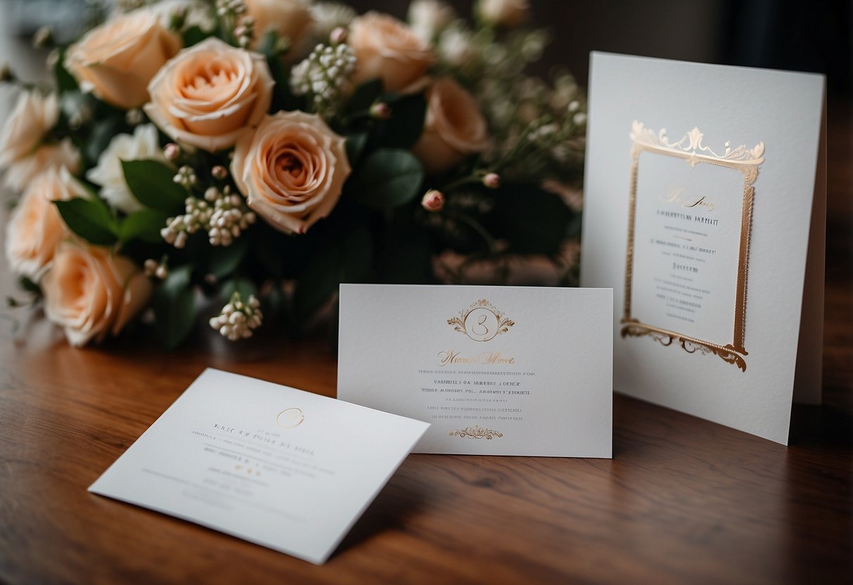 A pile of elegant custom invitations, unopened and unused, sitting on a table next to a wedding cake and bouquet of flowers