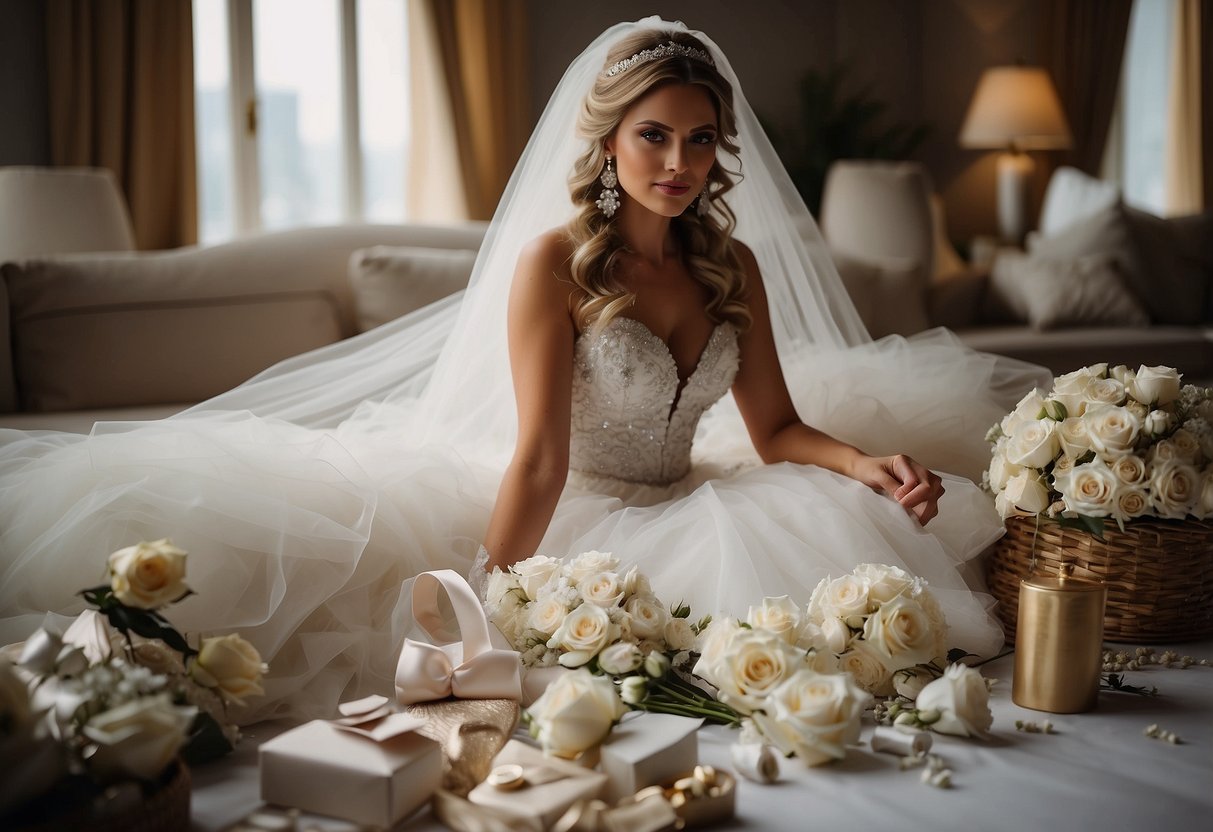 A bride sits surrounded by scattered wedding accessories, regretting not ordering her bridal robe before the big day