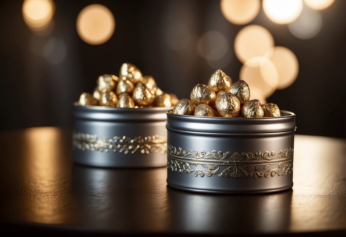 Elegant tins filled with Hershey Kisses arranged on a table, with soft lighting and a romantic backdrop