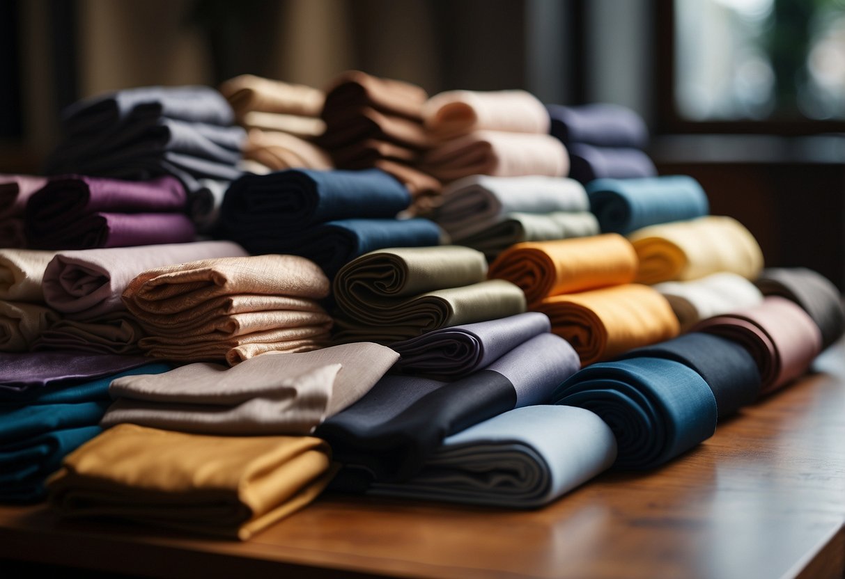 A table displaying various luxurious fabric swatches for Italian wedding suits