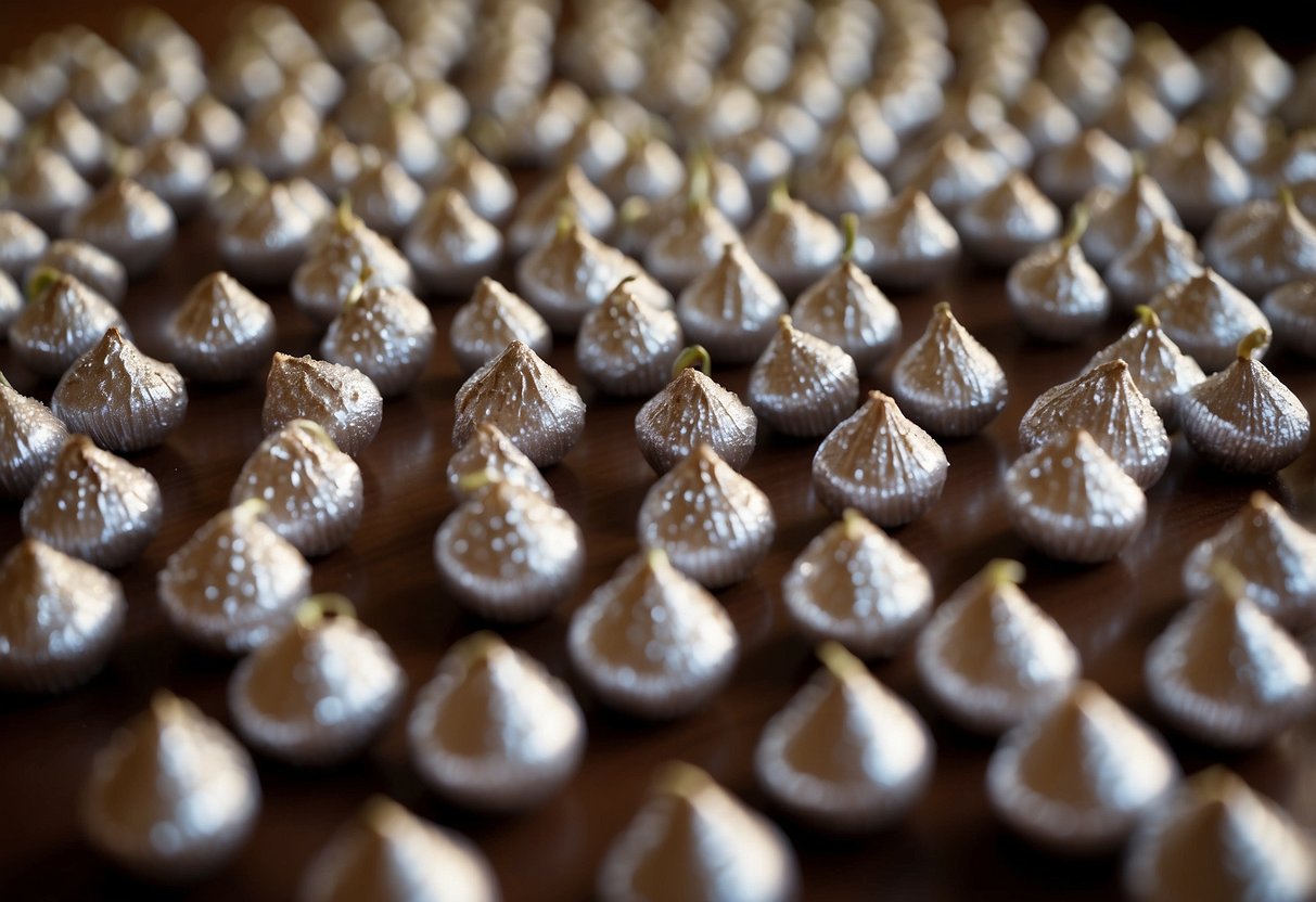 A table adorned with Hershey Kisses in custom-labeled wrappers, arranged as wedding favors