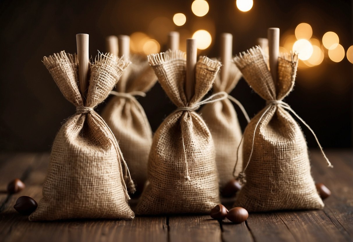 Small burlap sacks filled with Hershey Kisses, tied with twine. Sacks arranged in a rustic setting, with soft lighting and floral accents