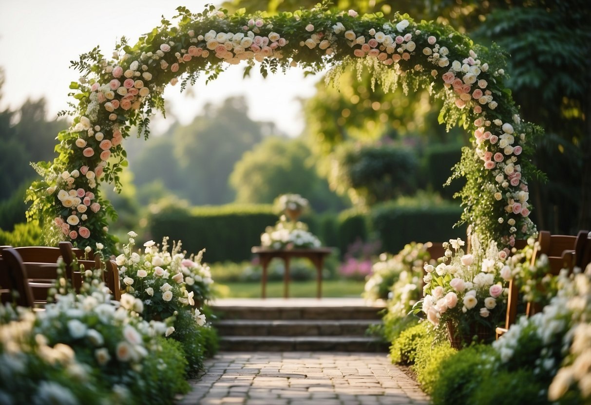 A floral arch stands in a garden, adorned with lush greenery and cascading flowers, creating a romantic and elegant backdrop for a wedding ceremony