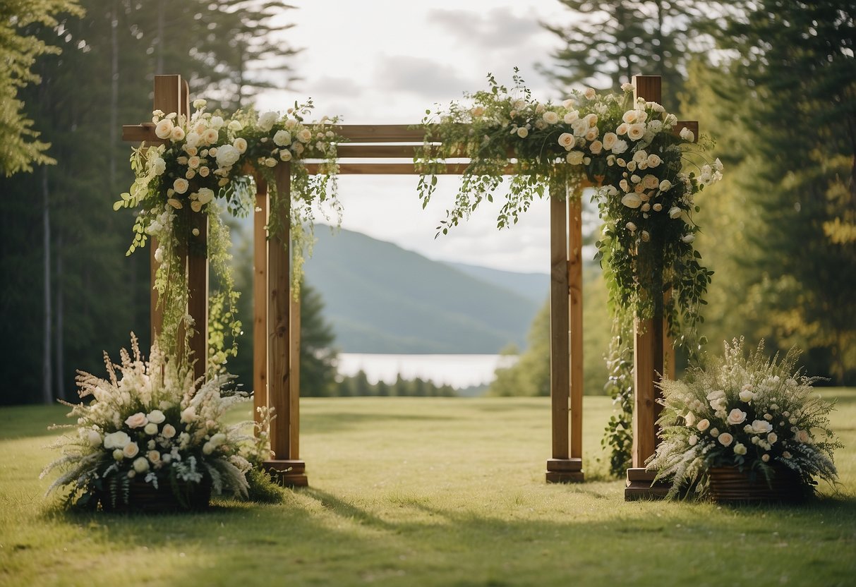 A rustic timber frame wedding arch stands adorned with flowers and greenery in a serene outdoor setting