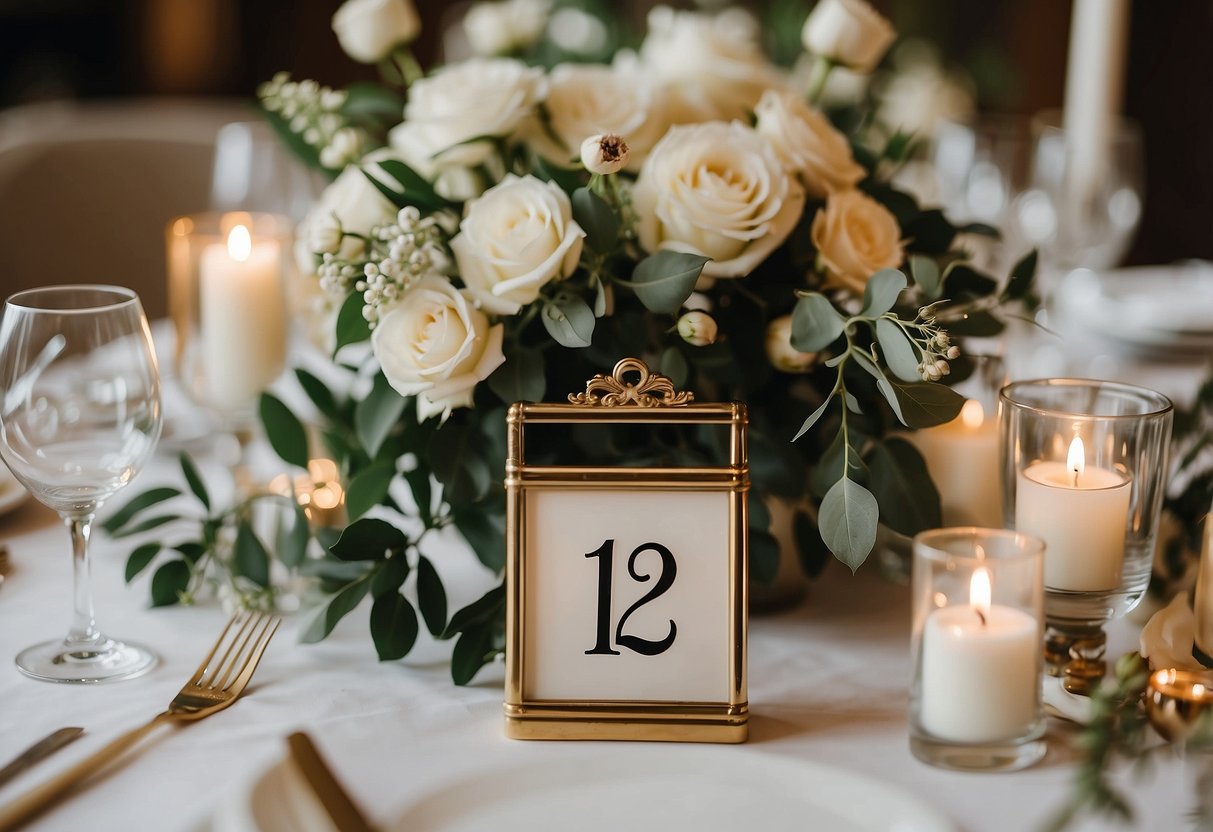 Table number holders scattered on a table, surrounded by wedding decor and flowers