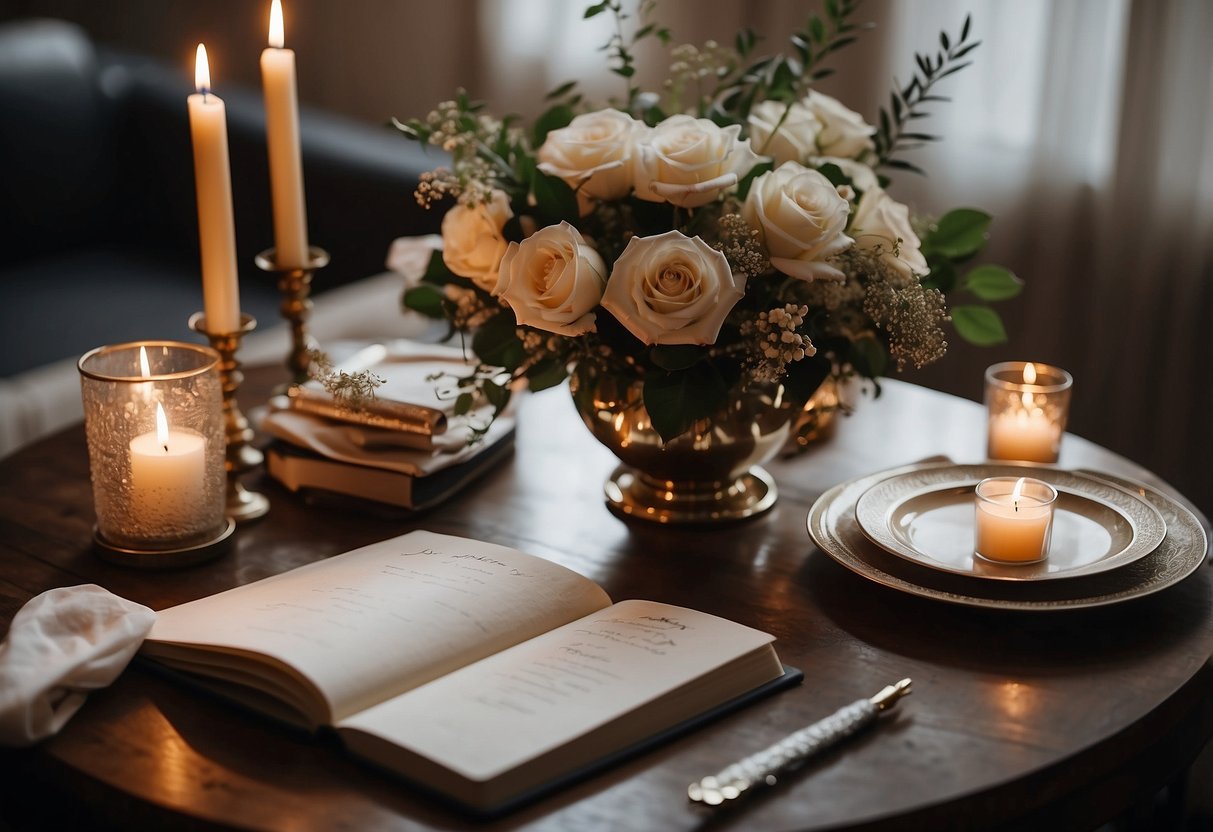 A table with an elegant guest book, pen, and personalized decor, surrounded by wedding flowers and candles