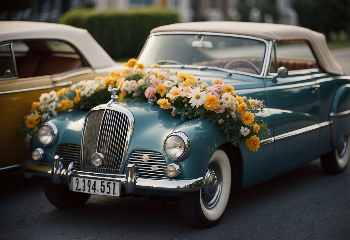 A vintage convertible adorned with ribbons and flowers drives off