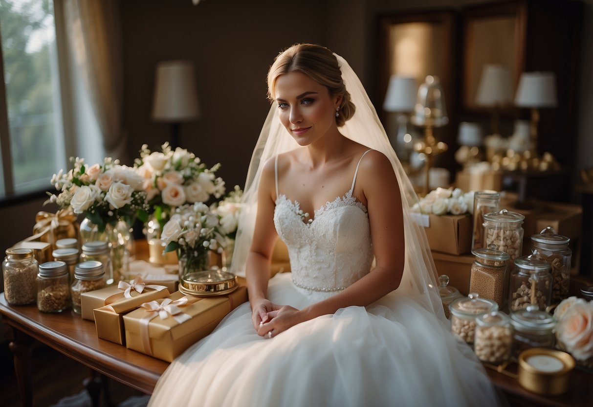 A bride surrounded by wedding items, realizing she forgot to order personal touches like custom favors and sentimental decor