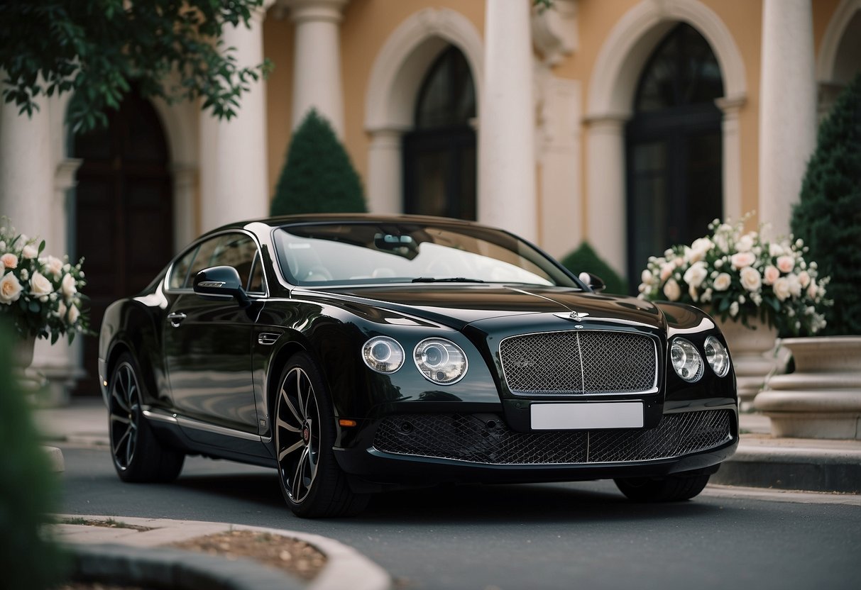 A sleek black Bentley parked outside a grand wedding venue, adorned with elegant floral decorations and a "Just Married" sign on the back