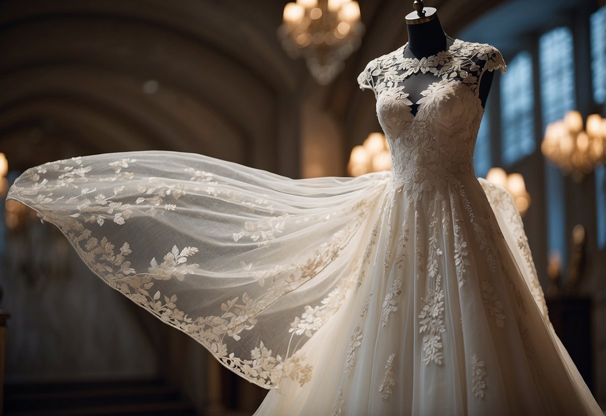 A white lace wedding dress jacket hangs on a hanger, adorned with delicate beading and intricate embroidery, with a flowing train cascading down