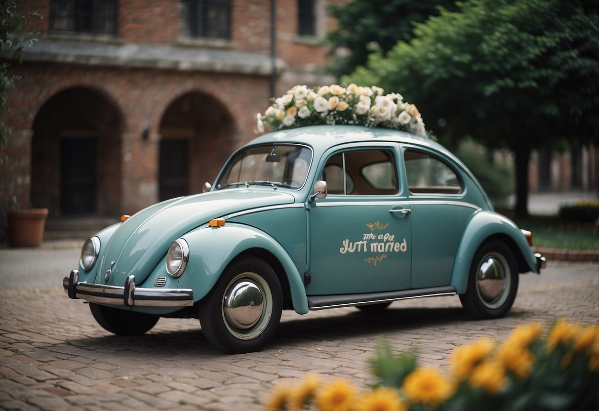 A vintage VW Beetle adorned with flowers and "Just Married" sign parked outside a wedding venue