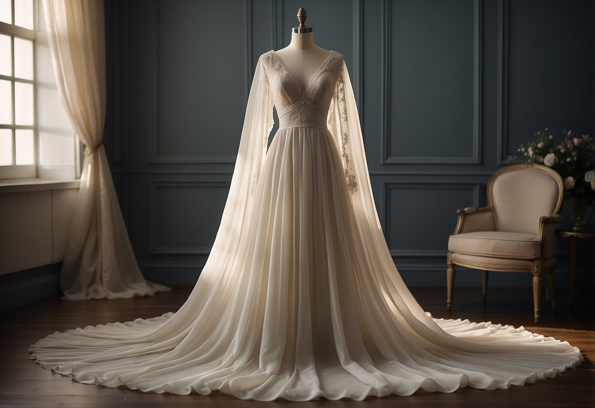 A delicate chiffon shrug drapes over a bridal gown, adding a touch of elegance and romance. The sheer fabric flows gracefully, creating a dreamy and ethereal look