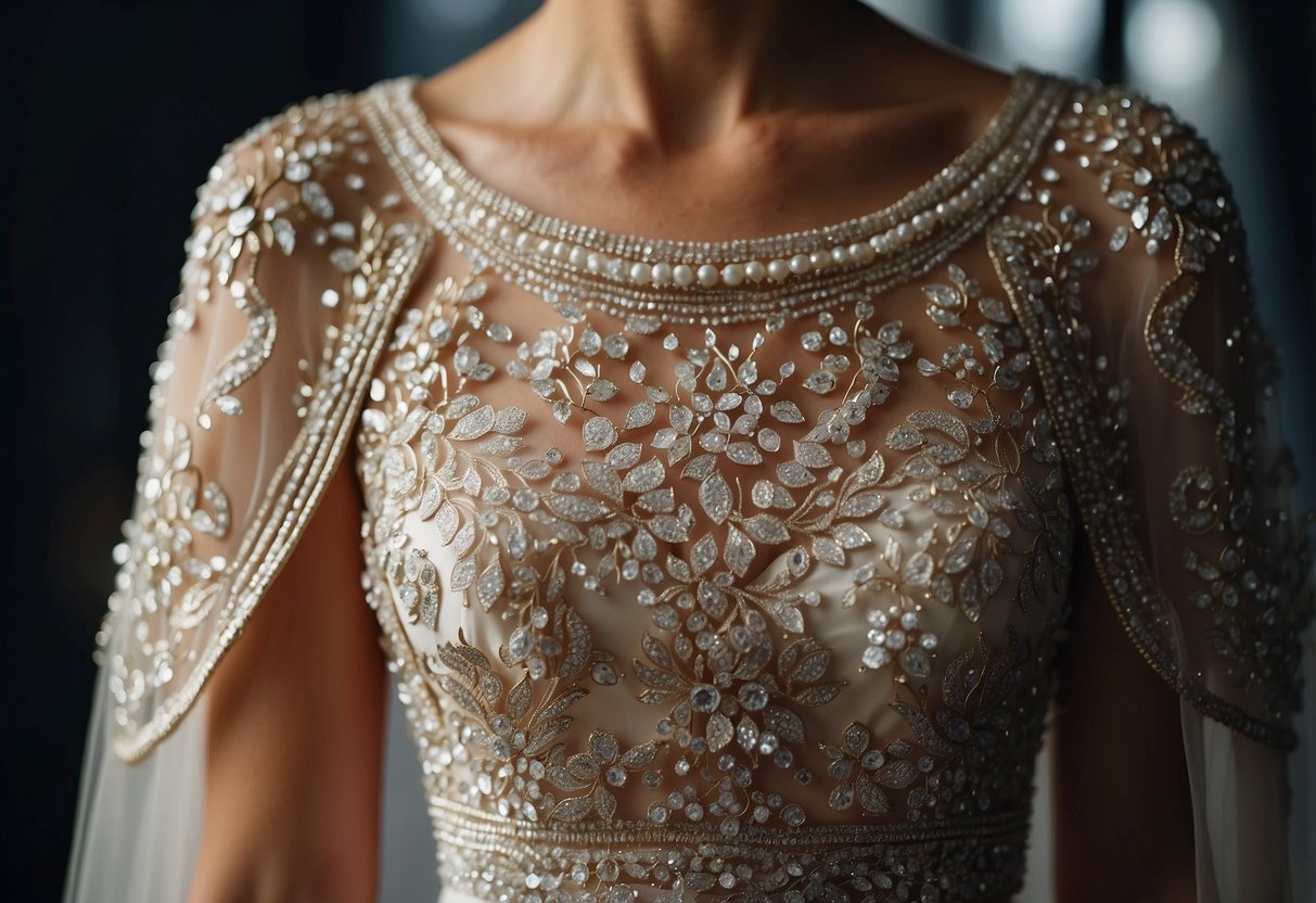 A beaded capelet drapes over a sleek wedding dress, catching the light with intricate details and delicate embellishments